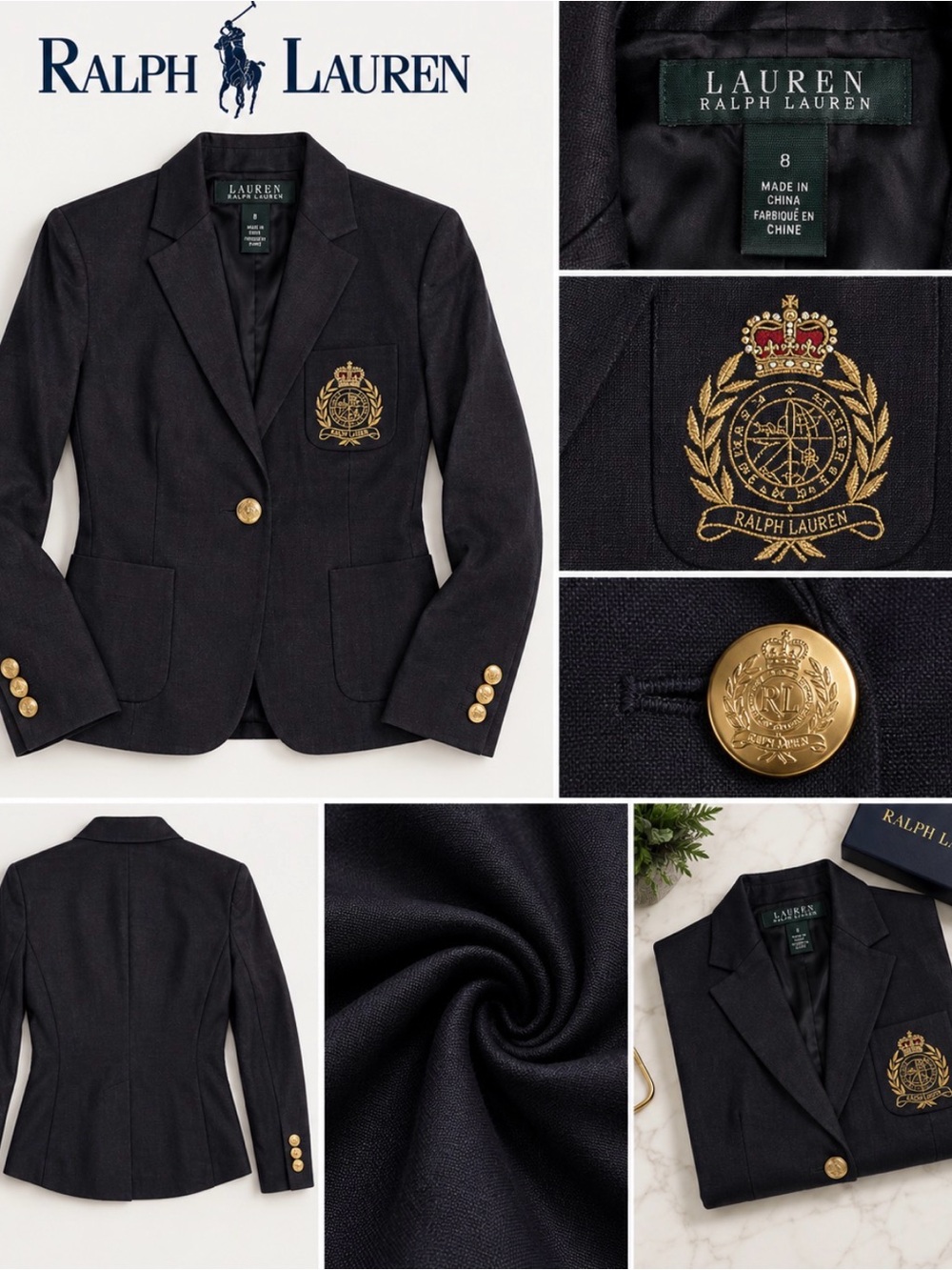 Lauren Ralph Lauren Black Blazer with Gold Crest Embroidery